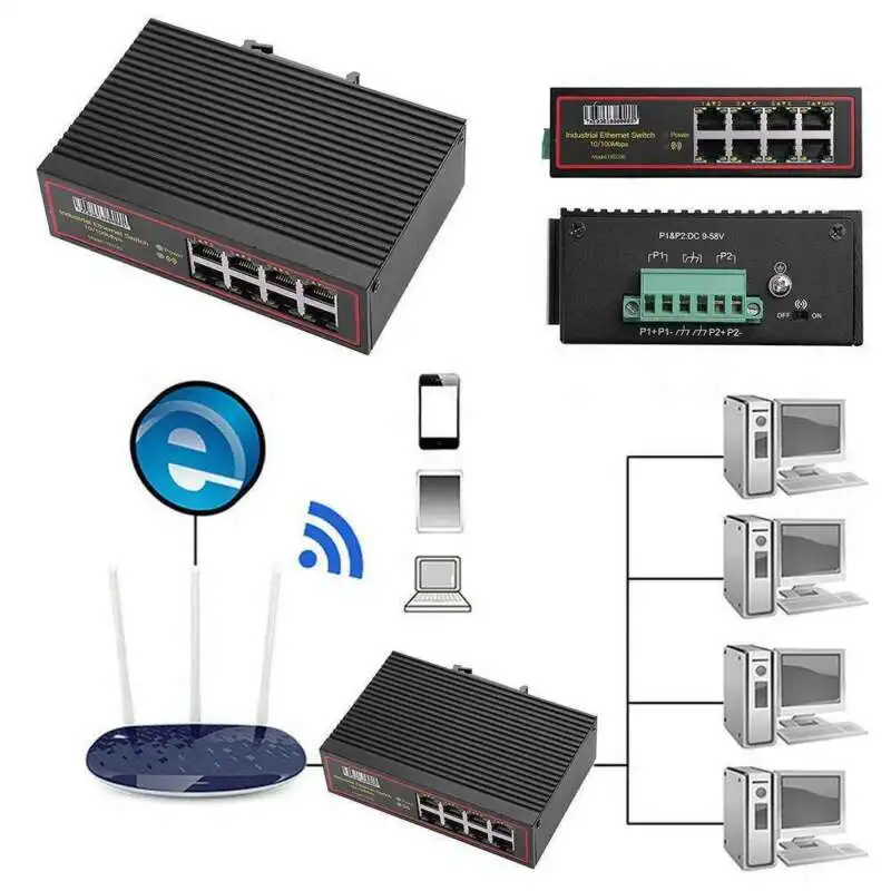 8 портов Промышленный Коммутатор Ethernet 10/100 м Сигнал усиленный сетевой коммутатор черный