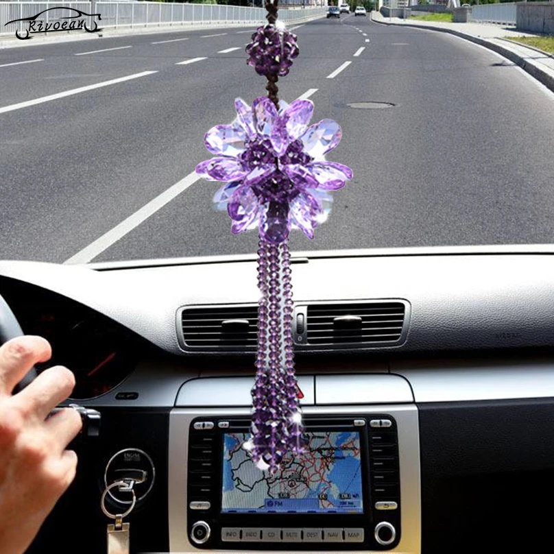 

Crystal Flower Car Hanging Ornament Car Rear View Mirror Pendant Car Decor Accessories