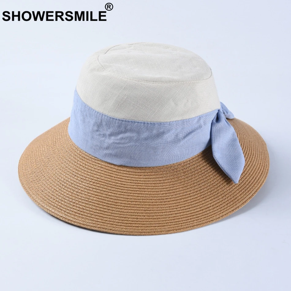 SHOWERSMILE, складная соломенная шляпа для женщин,, верблюжья шляпа от солнца, Женская Лоскутная хлопковая модная весенняя женская летняя шляпа с бантом