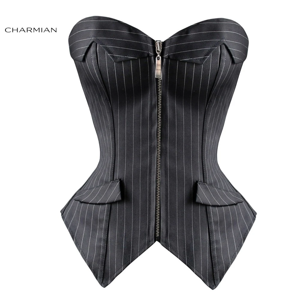 Charmianの女性のセクシーな黒overbustコルセットファッションカジュアルビジネススーツボディシェーパーのコルセットとジッパー Overbust Corset Corsets And Bustierscorset Fashion Aliexpress