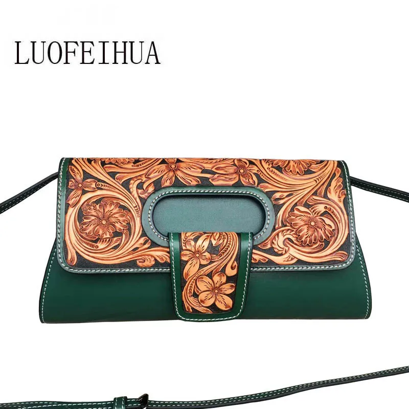 

LUOFEIHUA 2019 new leather crossbody bag Handmade leather carving evening dress small bag female Designer bags