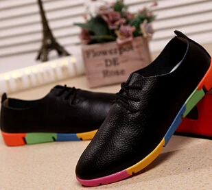 Корейский дизайн; женская обувь из натуральной кожи; разноцветная обувь на плоской подошве; женские лоферы из воловьей кожи; обувь для учащихся на шнуровке - Цвет: Черный