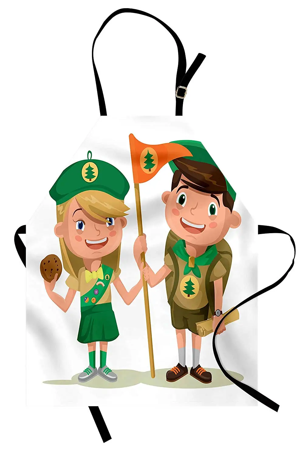 

Girl Scouts Apron Children Scouts with Flag Map and Cookies Cartoon Style Outdoors Activity Kitchen Bib Cooking Baking Garden