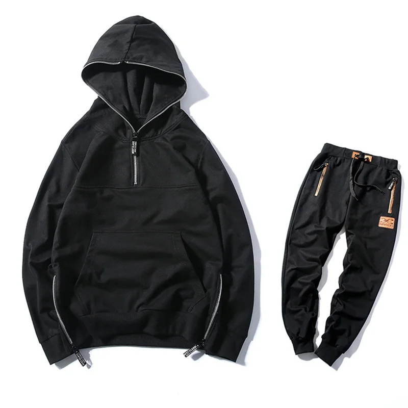 

Casual sporting suit men warm hooded tracksuit track hidden suspenders Black solid polo men's sweat suits set Pockets zipper new