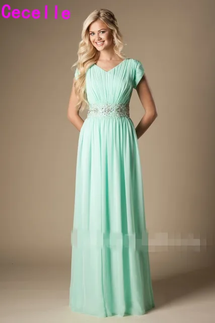 Special Price Mint Green Long Modest Bridesmaid Dresses With Cap Sleeves Beaded Crystals Belt Ruched Bling Bridesmaid Gowns 2019 Custom Made