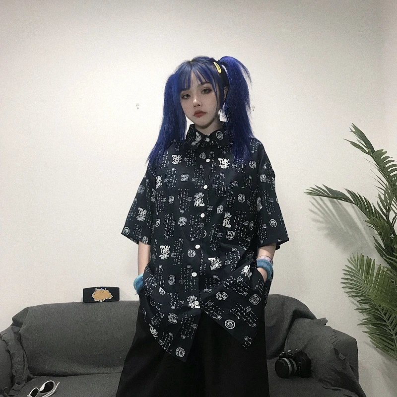

Japanese Letter Graffiti Lettter Dragon Print Oversized Blouse Punk Hip Hop Streetwear Loose Shirt Harajuku Vintage Top Korean