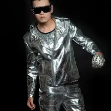 Серебро черный с заклепками Модные Рок Мотоциклы кожаная куртка мужская певица мужские кожаные куртки и пальто персонализированные