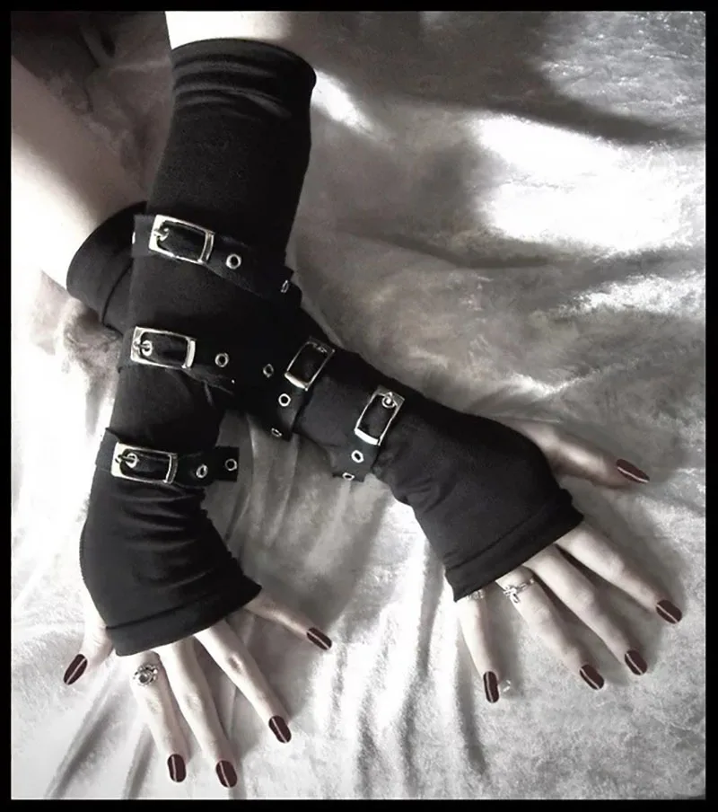 Готические унисекс с пряжкой бандажные гетры с ремни с металлическими пряжками женские черные в стиле стимпанк перчатки без пальцев для женщин