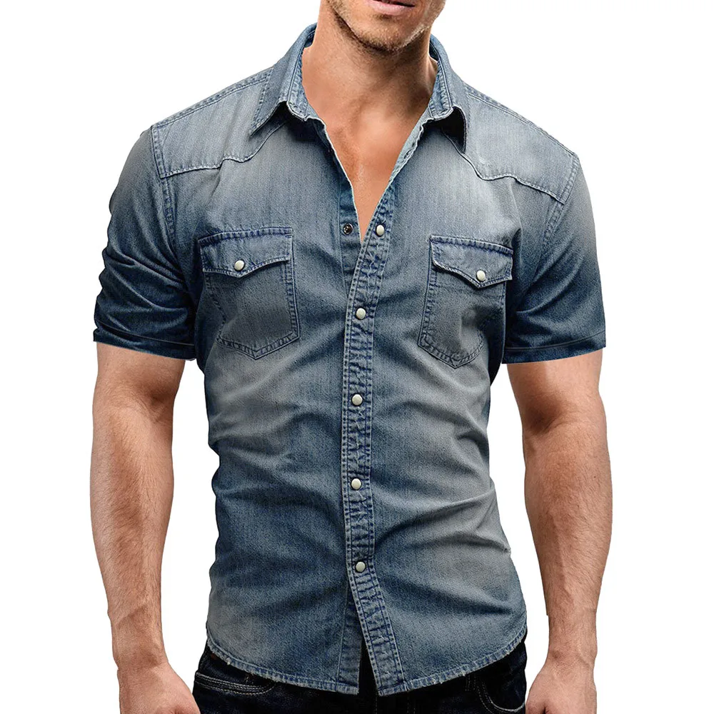 Мужская рубашка Повседневная приталенная джинсовая рубашка на пуговицах мужские топы с коротким рукавом Блузка с карманом - Цвет: blue