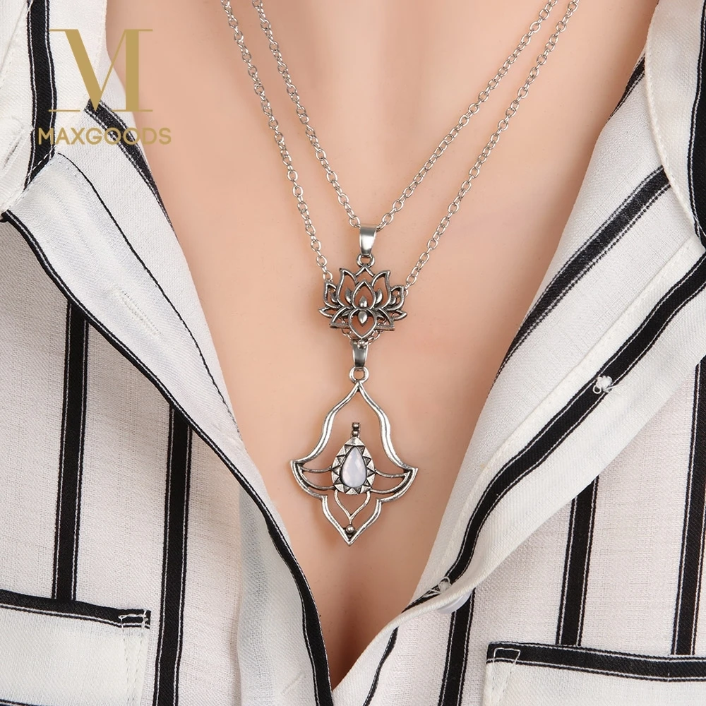 

1Pcs Vintage Lotus Pendant Necklace Double Layer Silver Color Chain Flower Pendant Statement Necklace for Women Girl Jewelry