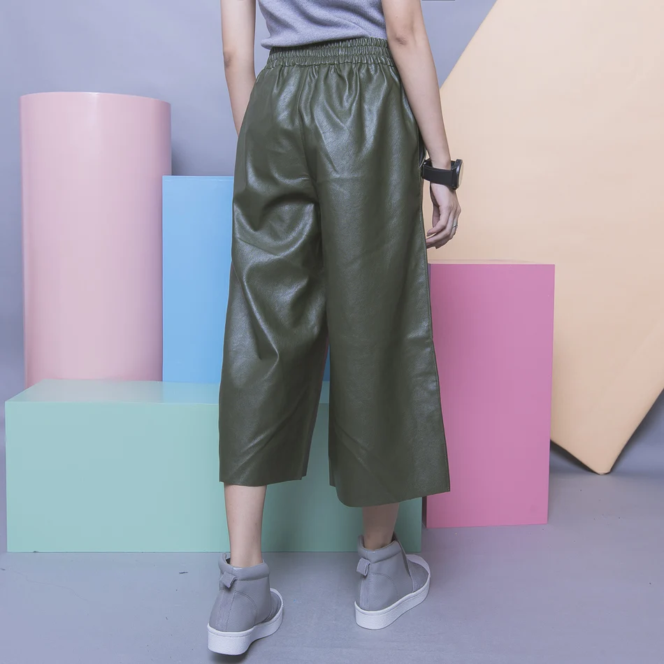 Новые осенние модные черно-зеленые широкие штаны из искусственной кожи с эластичной резинкой на талии YD9031