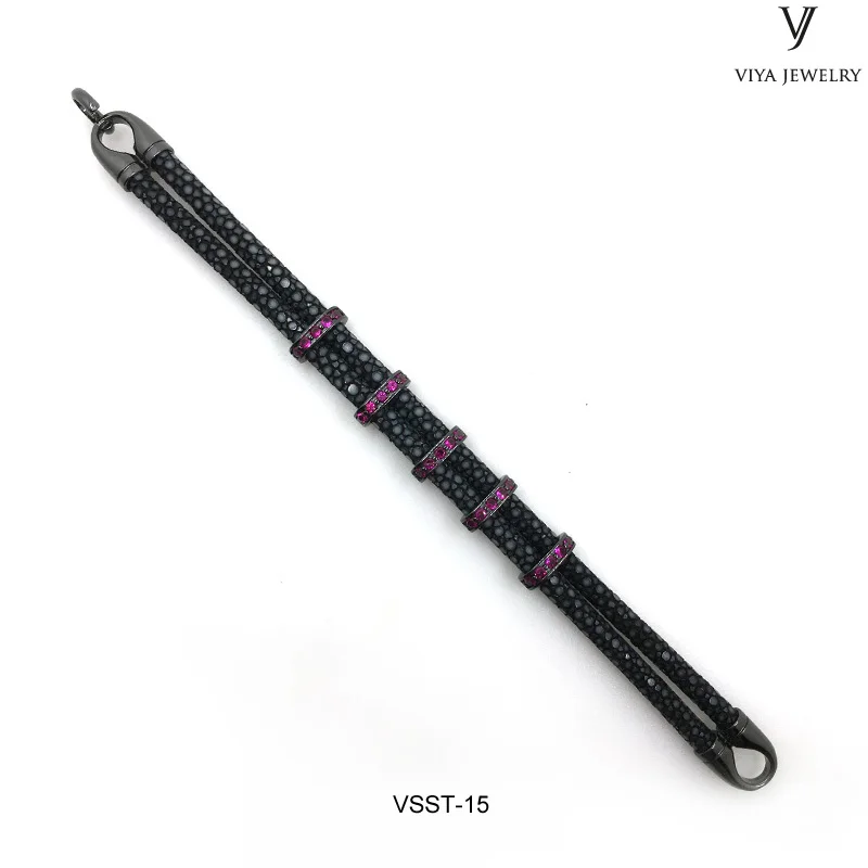VSST-15 GENUINE BLACK STINGRAY LEATHER CORD WITH BLACK CLASPS ,MEN SILVER BRACELET (11)