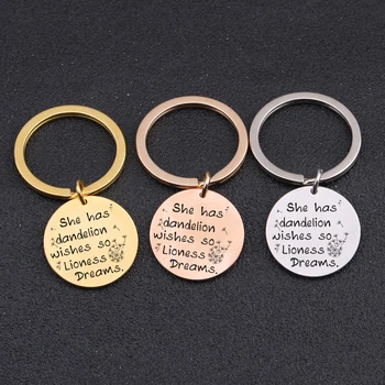 

"She Has Dandelion Wishes"Round Keychain Motivational Dream Keyring Stainless Steel Jewelry Gift To BFF Bag Charm Pendant
