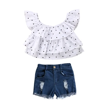 

Newborn Toddler Kids Baby Girl Clothes Set Summer Short Sleeve Dot White Off Shoulder Tops Shorts Denim Girls Clothing Outfits