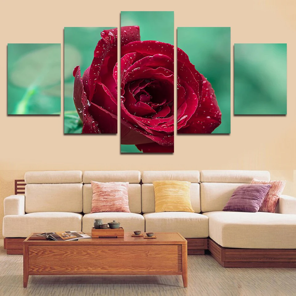 Vintage Home Decoration Oil Paintings On Canvas 5 Panel Red Rose Flower Framework Pictures Posters And Prints On The Wall