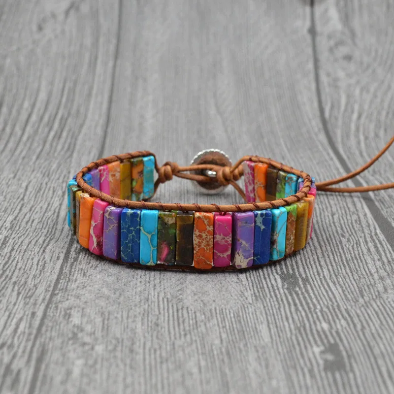 

2019 New Fashion Leather Wrap Wax Thread Bangle for Women Men Jewelry Bracelet Handmade Natural Stone Colorful Bracelet