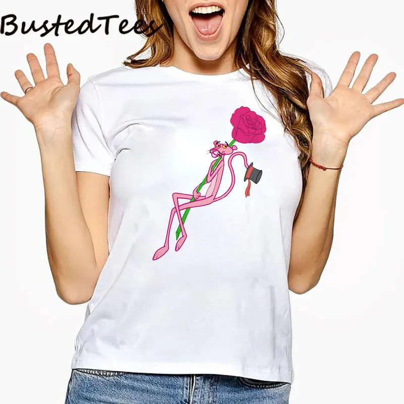 

BUSTED 2019 New Arrival 90s Girls Kawaii Pink Panther and Rose Aesthetic Tops Camiseta Mujer Femme Harajuku T Shirt Women Gothic