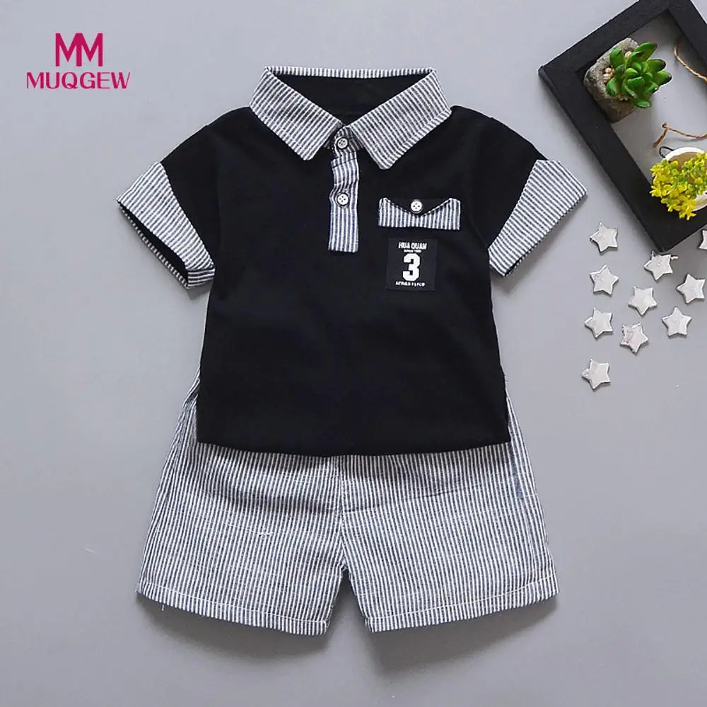 

clothes for boys 2PC Toddler Kids Baby Boy Letter Printed T shirt Summer Short Sleeve Cotton Tops+Striped Shorts Outfits 2018