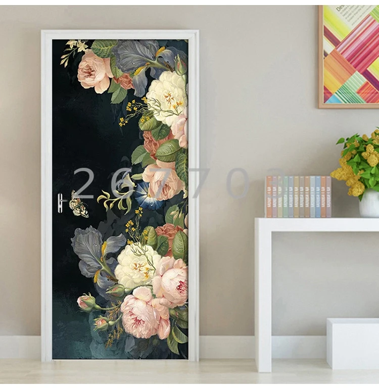 Европейская ретро роспись маслом Роза настенная бумага дверь наклейка для гостиной спальни ПВХ самоклеящаяся дверная Фреска Креативные 3D наклейки
