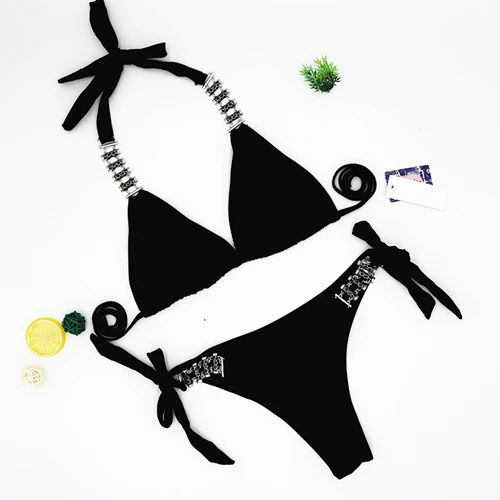 Сексуальное бикини, новинка, купальный костюм, женский купальник, бразильский комплект бикини, купальник, черное металлическое украшение, бандаж, Одноцветный бикини - Цвет: B030black