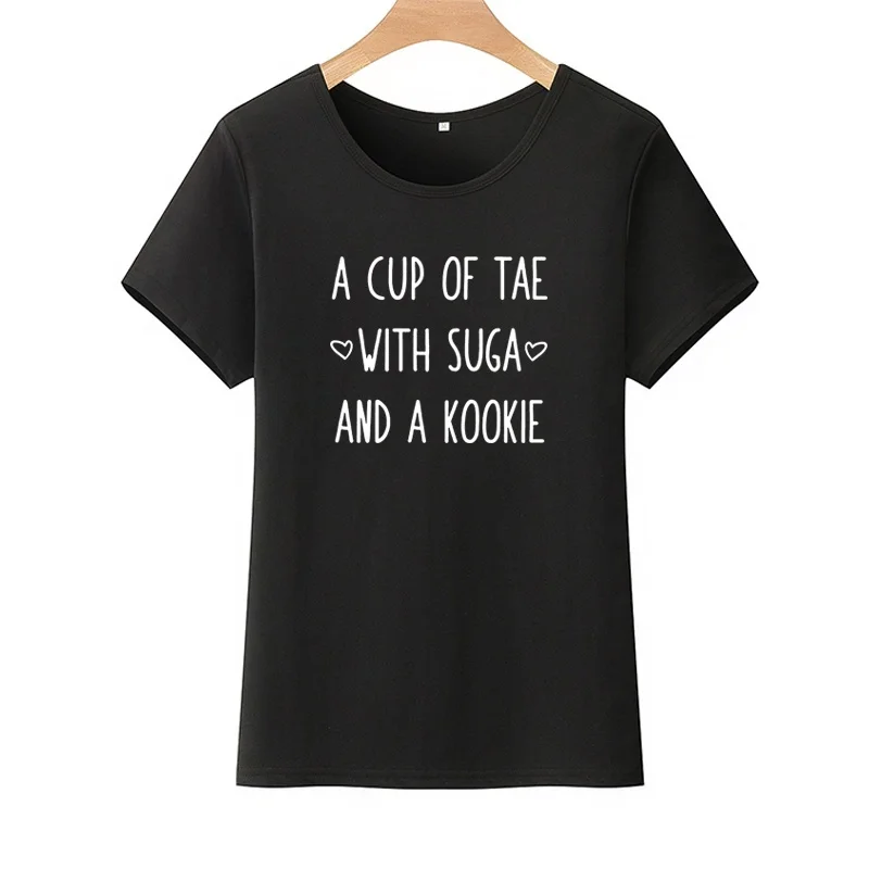 

A CUP OF TAE WITH SUGA AND A KOOKIE Printed Short Sleeve Cotton T Shirt Women O-neck Loose Tee Shirt Femme Casual T-shirt Women