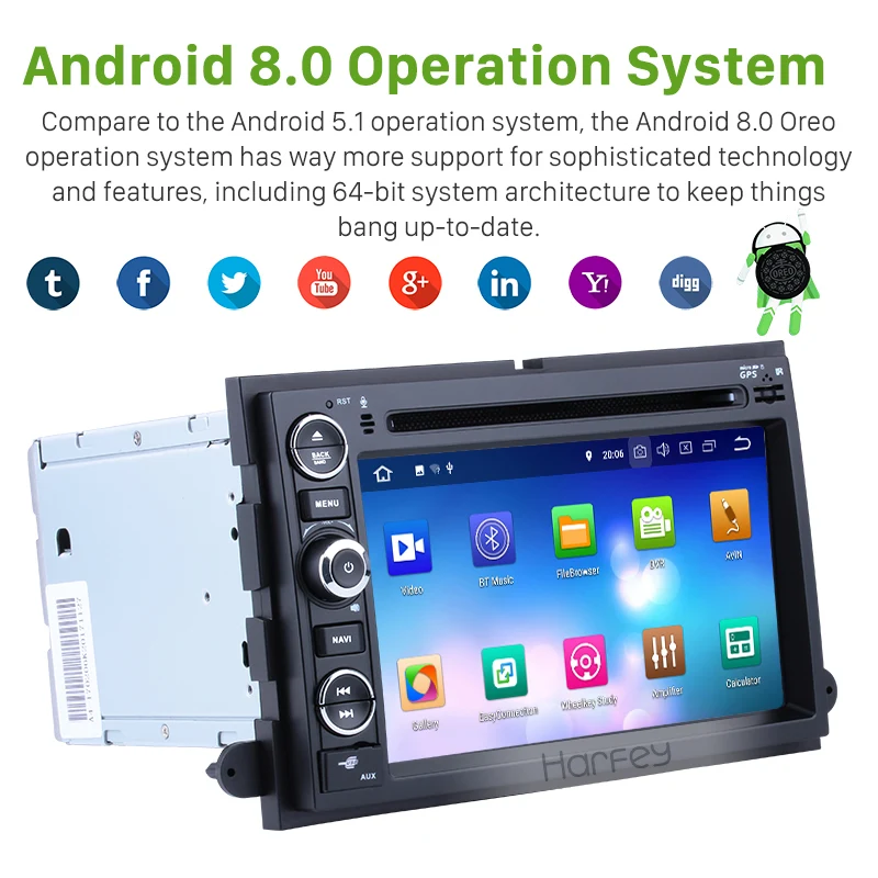 Top Harfey Android 8.0 Car Radio DVD Player Head Unit GPS Navigation for  2005 2006-2009 Ford Mustang 7 inch HD 1024*600 Touchscreen 1