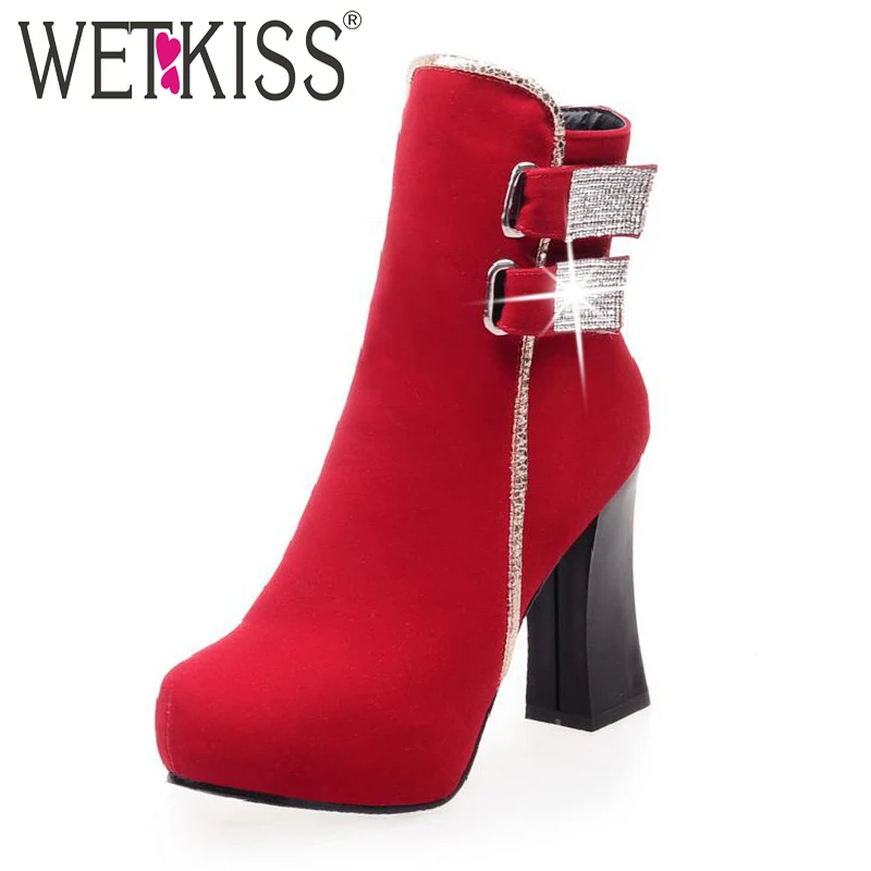 

Large Size 34-43 Shine Rhinestone Buckle Charm Winter Ankle Boots Plattform Hoof High Heels Autumn Shoes Woman Botas de Mujer