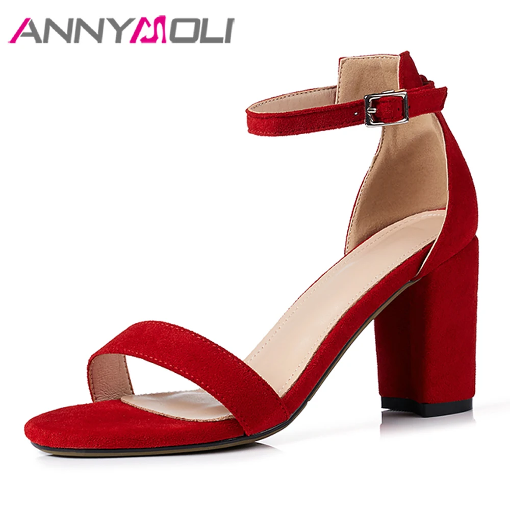 

ANNYMOLI Summer Shoes Women Sandals Buckle Block High Heel Ankle Strap Shoes Elegant Open Toe Red Bridal Sandals Lady Size 33-40