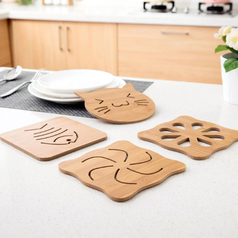1PC Wooden Cartoon Table Pad Insulation Heat Placemat Creative Cute Water Cup Mats Table Decoration Kitchen Tools E