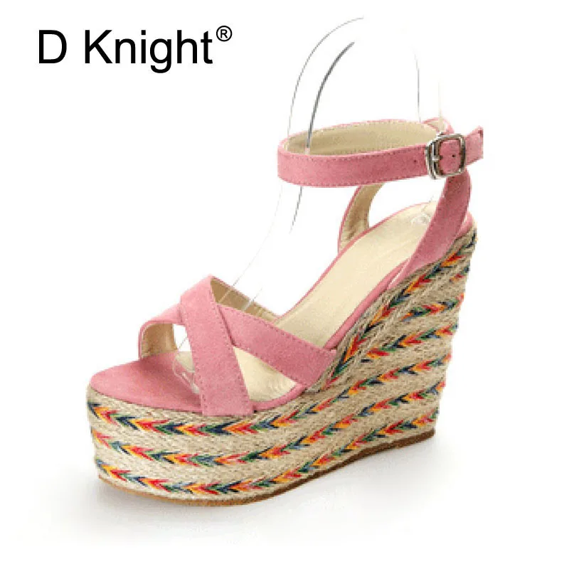 Summer Strappy Heels Pink Black Shoes For Women Wedges Sandals High Heel Platform Cane Office Lady Shoes Big Size Footwear Woman