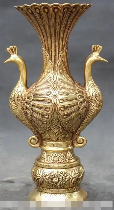 

S01249 10" Marked Chinese Bronze both Peacock Peafowl Flower Vase Bottle Jar Statue B0403