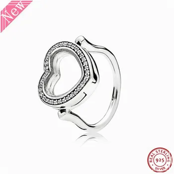 

New Arrival Romantic Expression Clear CZ Sparkling Floating Heart Locket Rings for Women 925 Sterling Silver Jewelry FLR184