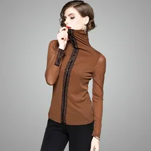 Горячая Распродажа Новинка Осень Весна Женская мода Тонкий Водолазка на молнии кружева большие эластичные большого размера под рубашку женские черные футболки