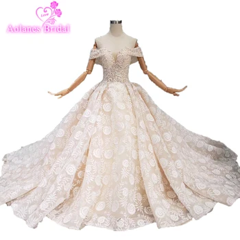 شراءالفاخرة عالية الرقبة فستان الزفاف أعلى جودة Vestido De Noiva بلورات الخرز كم كامل ثلاثية الأبعاد الدانتيل كرة مطرزة ثوب زي العرائس