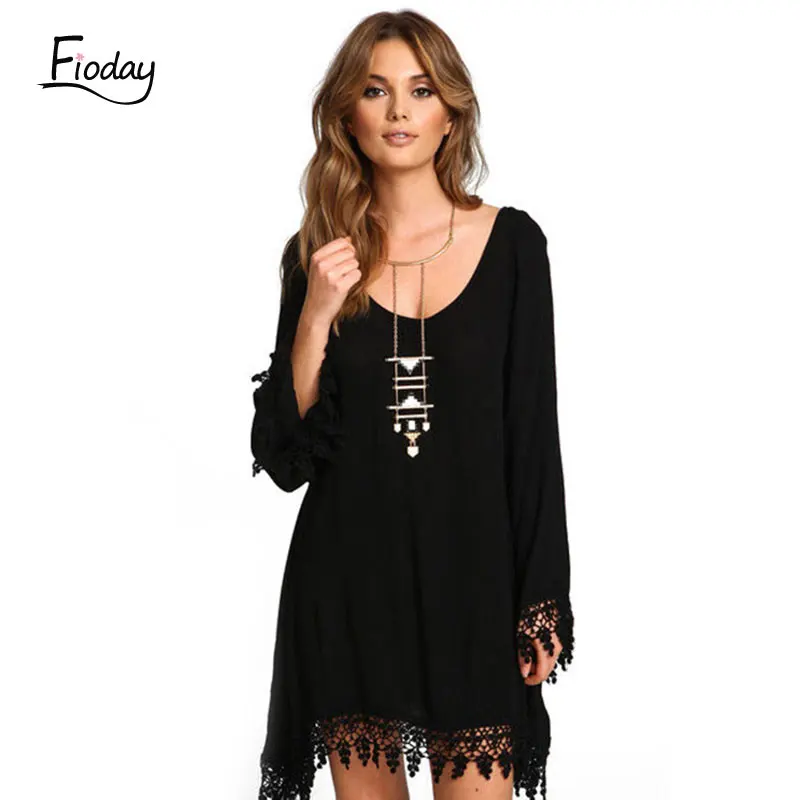 

Fioday Women Casual Loose Dress Long Sleeve Black Tassel Gathic O Neck Beach Sundress Neck Lace Plus Size 3XL Feminian Vestidos