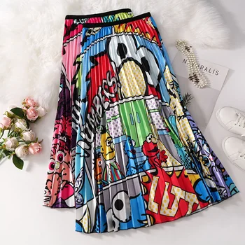 

European Cartoon Animal Patterns Printing Pleated Mid Calf Length Skirt Cute Fancy Colorful Print A-line Pleated Long Skirts
