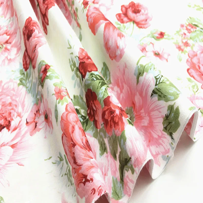 Graceful 50x160cm Huge Blooming Pink Rose Flowers Cotton Fabric Floral