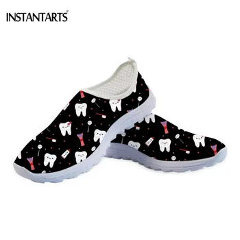 

INSTANTARTS Cute Cartoon Teeth/Dentist Printed Sport Shoe Woman Black Red Summer Slip On Running Shoes Air Mesh Lightweight Shoe