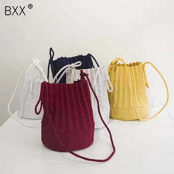 

[BXX] 2020 Spring Woman Solid Color Barrel Pleated Spliced Drawstring High Capacity Single Strap Messenger Bag LI617