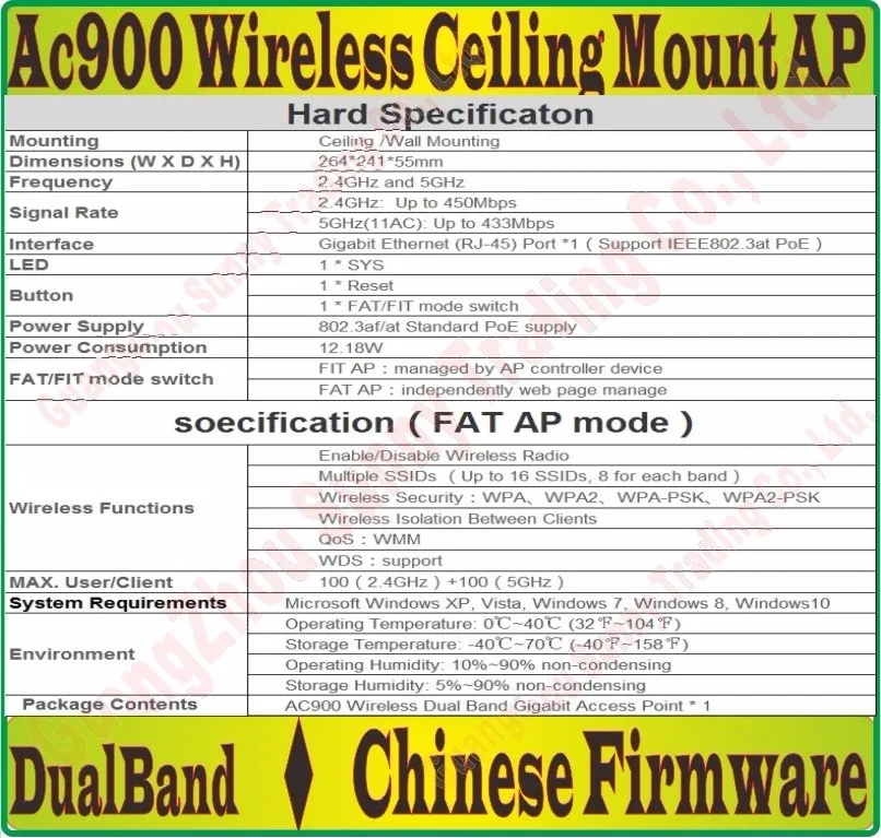 2 г+ 5 г Dual Band Беспроводной AP 900 Мбит/с ac900 indoor потолка AP 802.11b/G/N 11ac точка доступа Wi-Fi, POE Питание, 1000 м RJ45 Порты и разъёмы