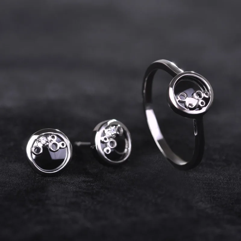 

Ceramic Black Ring And Earring Sets Copper Rhodium Color Anels With Cubic Zircon Rhinestone Stud Brincos For Women Chic Jewelry