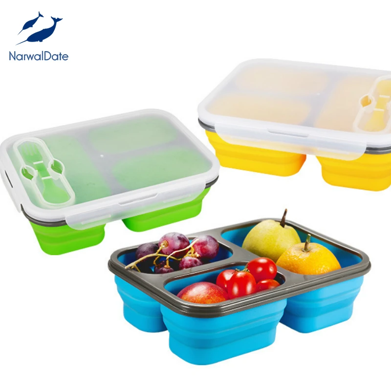 

Silicon Foldable Lunch Box with Fork Office Picnic Kids Bento Tiffin Box Portable Large Capacity 3 Grid Food Container Meal Prep
