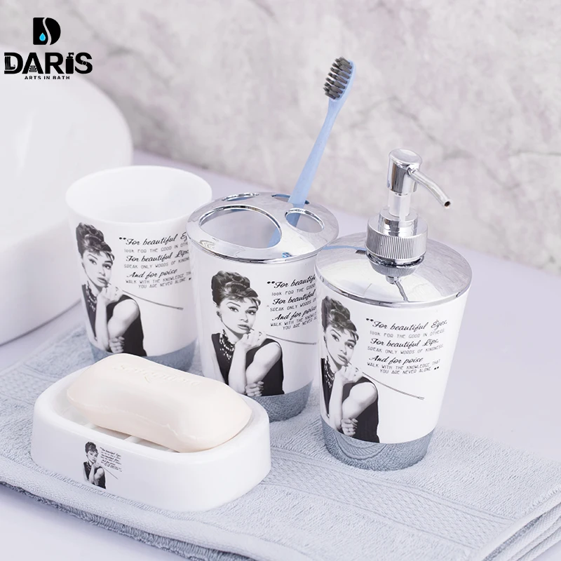 SDARISB 100%Plastic Bathroom Accessories Set 4 Pcs Bath Set Gift Inlcude Toothbrush Holder Set Tumbler Soap Dish Soap Dispenser