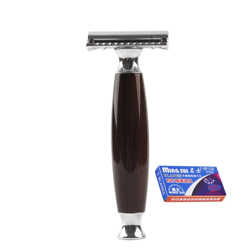 

1 Razor 5 Blades Men Shaving Double Edge Razors Metal Blade Safety Razor Imitation Wood Handle Manual Wet Shaver