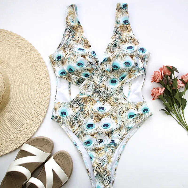 

New Women One Piece Print Backless Swimsuit Push up Padded Halter Stretch Monokini Bikini Bathing Swimwear