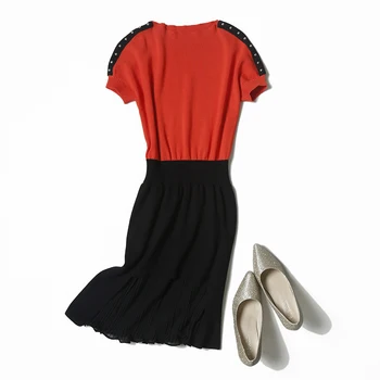 

Veydu Elegant Women Summer O-neck Short Sleeve Rivet on Shoulder Patchwork Chiffon Peplum Fitted Knitted Party Work Casual Dress