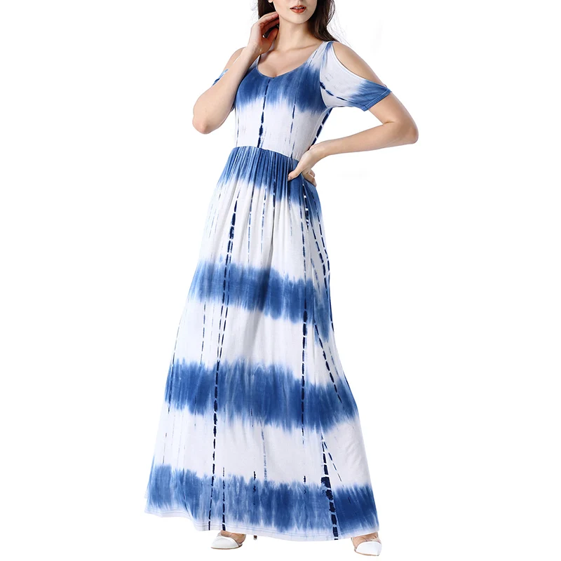 Женские длинные платья Vfemage, летнее платье с открытыми плечами, свободного покроя, в пляжном стиле, на вечеринку, трапециевидное платье с карманами, 2952 - Цвет: White and Blue