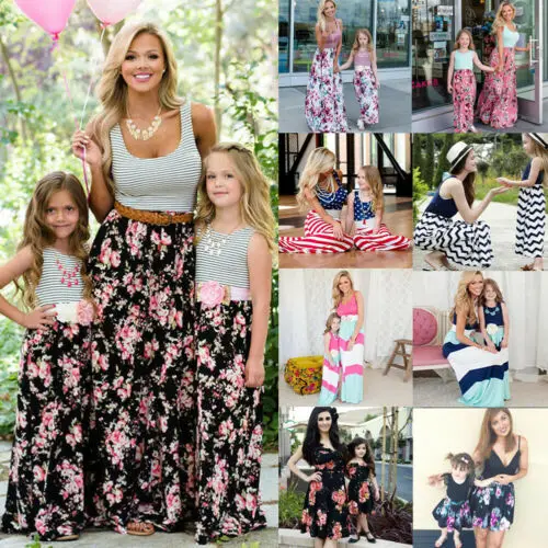Mutter Tochter Familie passenden Kleid Mama und ich Цветочные Макси Kleider наряды