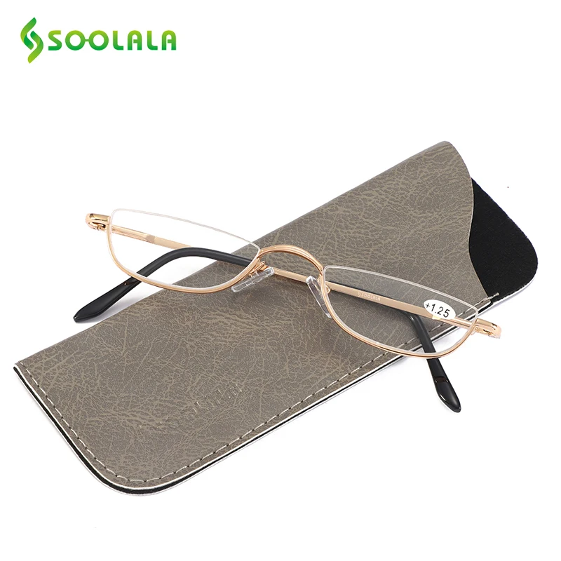 

SOOLALA Slim Reading Glasses Womens Men Semi-Rimless Alloy Flat Top Half Frame Glasses w/ Leather Box +1.0 1.5 1.75 to 4.0