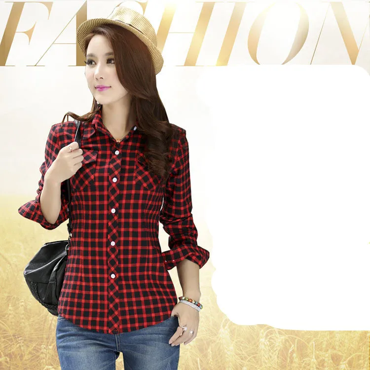 Осенняя женская блузка, блуза на пуговицах, клетчатая Повседневная рубашка, тонкие топы, женская одежда большого размера плюс XL 2XL T77709A - Цвет: 8866 05